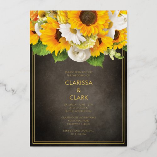 Bright Modern Sunflower Yellow Rustic Wedding Foil Invitation