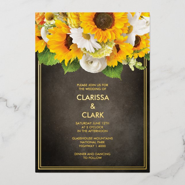 Bright Modern Sunflower Yellow Rustic Wedding Foil Invitation (Front)