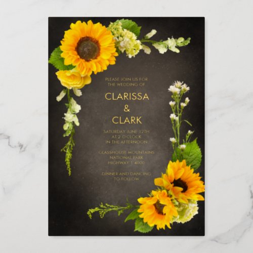 Bright Modern Sunflower Yellow Rustic Wedding Foil Invitation