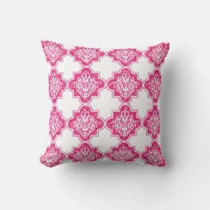 Bright Modern Vintage Arabesque Tile Pattern Pink Throw Pillow