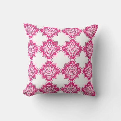 Bright Modern Vintage Arabesque Tile Pattern Pink Throw Pillow
