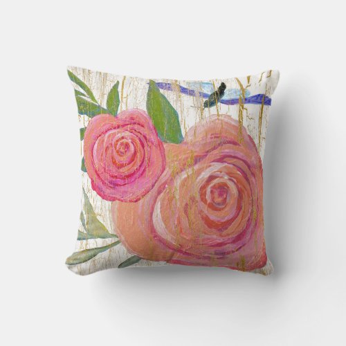 Bright Modern Vintage Floral Pink w Butterfly Wood Throw Pillow