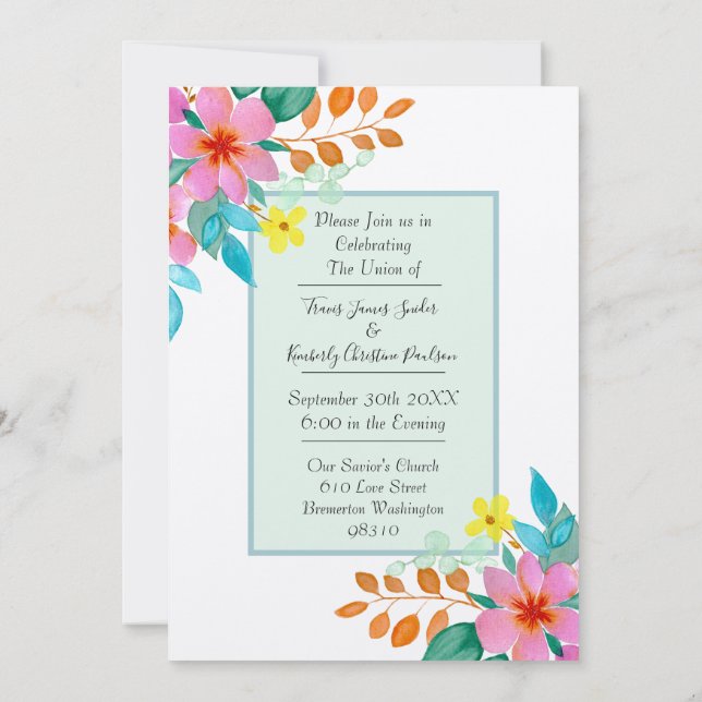 Bright Modern Watercolor Florals Wedding Invitation (Back)