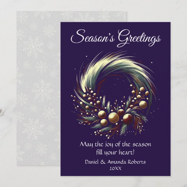 Bright, Modern Wreath, Against Purple Background Holiday Card (Front/Back)