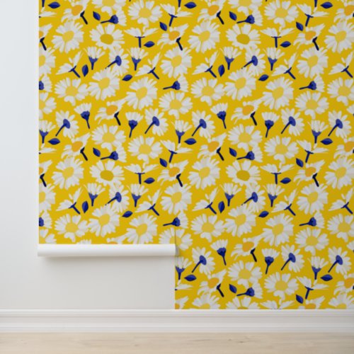 Bright Modern Yellow Daisy Floral Pattern Wallpaper