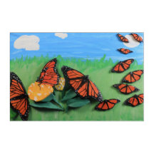 Bright Monarchs w/ Milkweed Painted Clay Folk Art