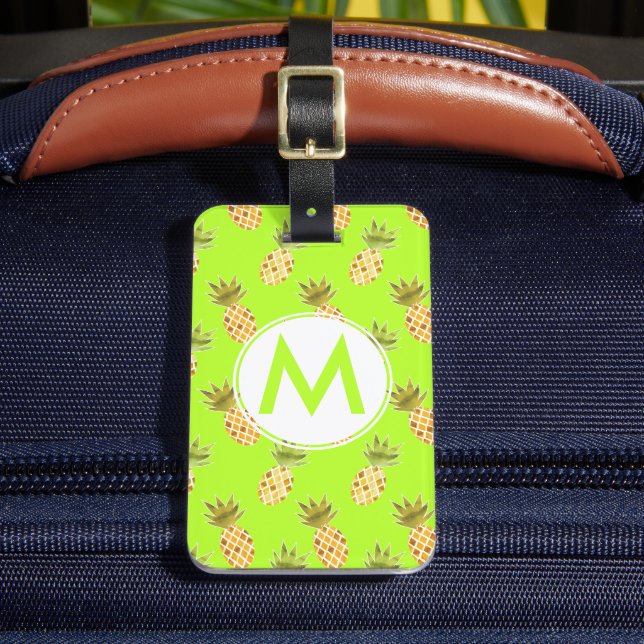 Bright Monogram Tropical Painted Pineapple Pattern Luggage Tag (Front Insitu 2)