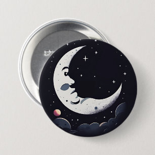 Bright moon face in dark sky button
