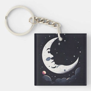 Bright moon face in dark sky keychain