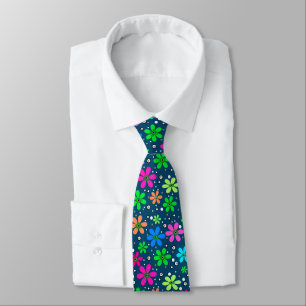 Bright multi-colored chamomile flowers on a blue  neck tie