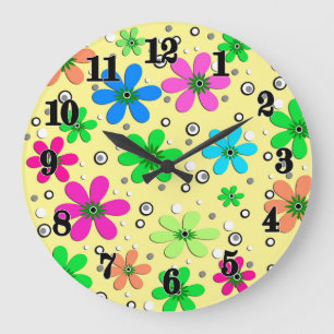 Bright multi-colored chamomile flowers on a yellow large clock