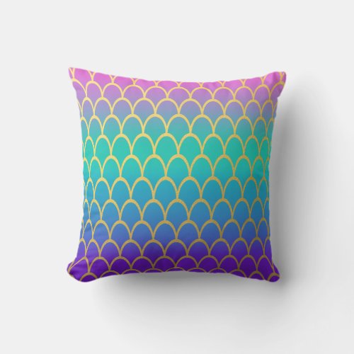 Bright Multi_Colored Fish Scale Mermaid Throw Pillow