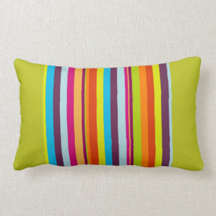 Bright Multi-Colored Stripes on Chartreuse Lumbar Pillow