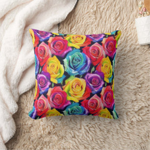 Bright multi-colored watercolor roses throw pillow