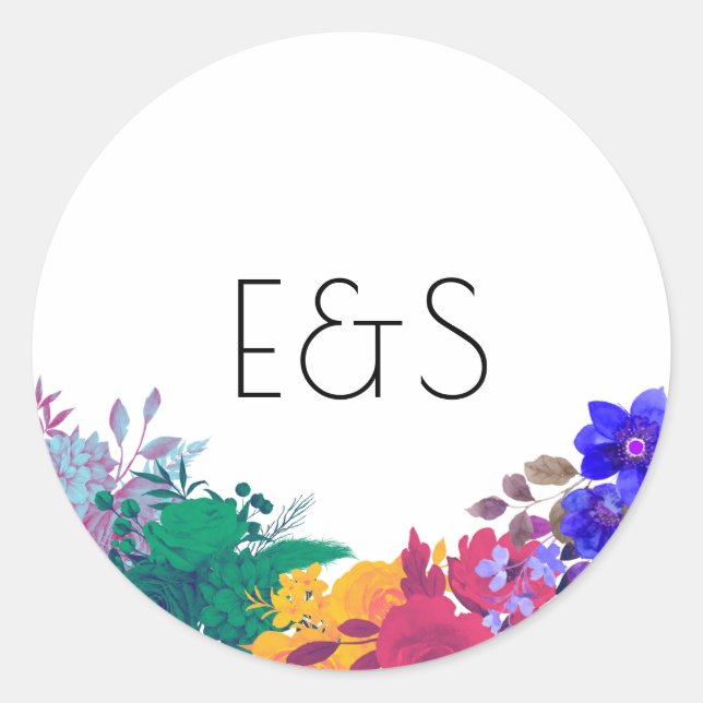 Bright Multicolor Floral Wedding Classic Round Sticker (Front)