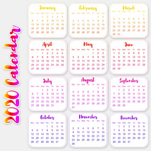 Bright Multicolored 2020 Planner Mini Calendars Sticker