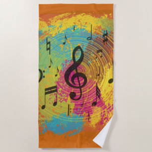 Bright Music Notes on Explosion of Color Beach Towel