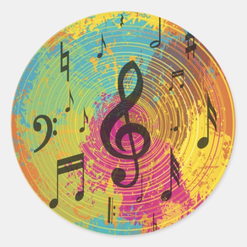 Bright Music Notes on Explosion of Color Classic Round Sticker