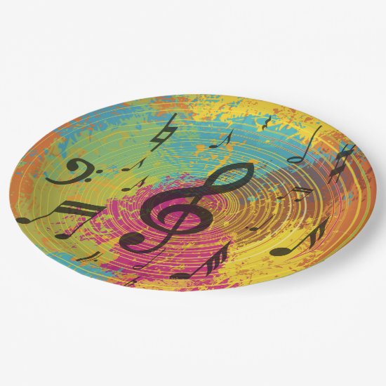 Bright Music Notes on Explosion of Color Paper Plate