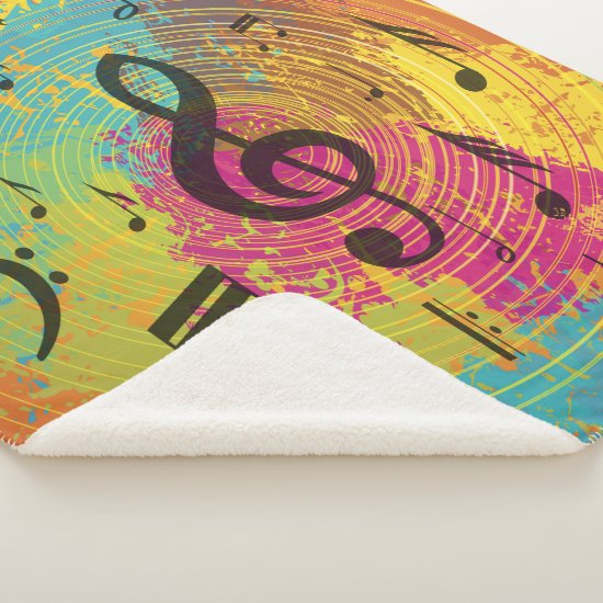 Bright Music Notes on Explosion of Color Sherpa Blanket