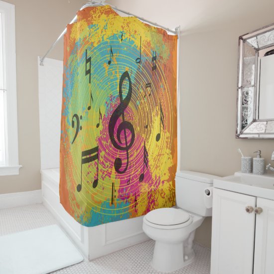 Bright Music Notes on Explosion of Color Shower Curtain