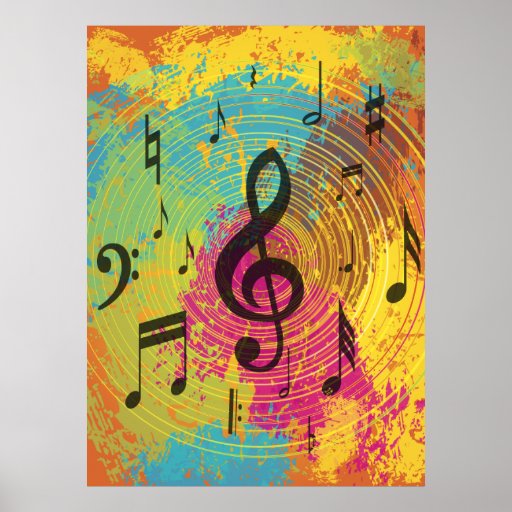 Bright Music notes on explosion of colour Posters | Zazzle