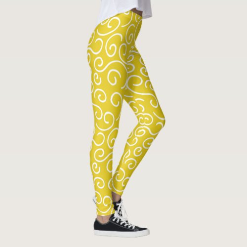 Bright Mustard Yellow and White Doodle Pattern Leggings