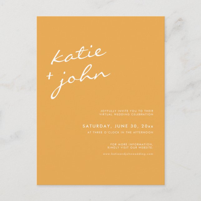  Bright Mustard Yellow Minimalist Virtual Wedding Invitation Postcard (Front)