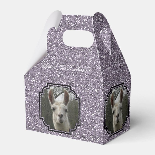 Bright N Sparkling Llama in Smokey Lavender Favor Boxes (Front Side)