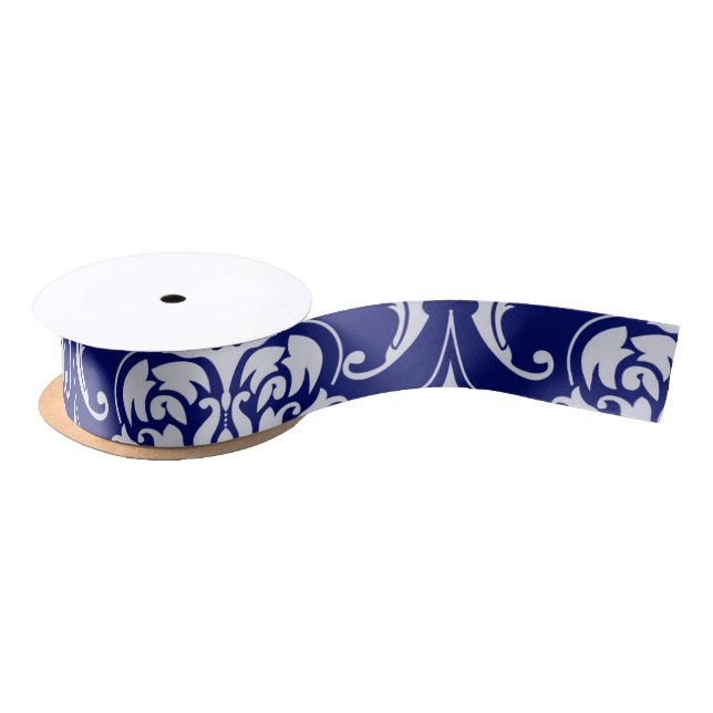 Bright Navy Blue Damask Pattern Satin Ribbon (Spool)