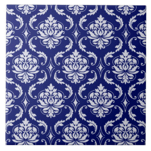 Bright Navy Blue Damask Pattern Tile