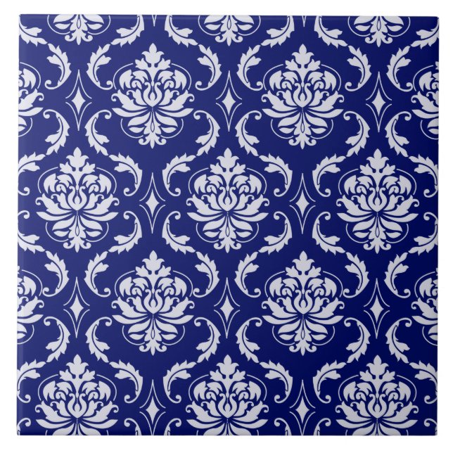 Bright Navy Blue Damask Pattern Tile (Front)