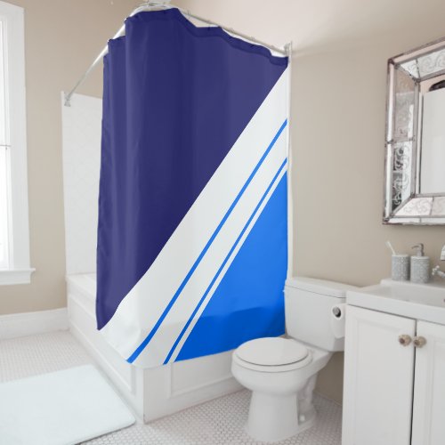 Bright Navy Blue Diagonal Panels White Stripes Shower Curtain