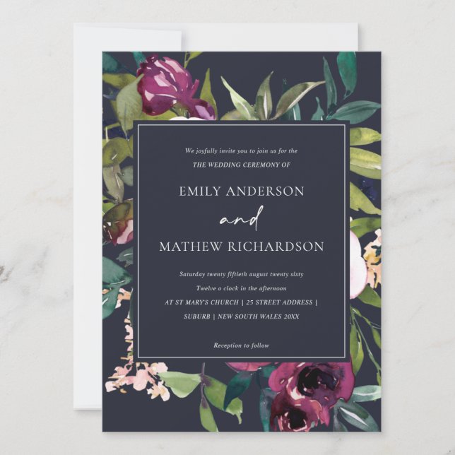 BRIGHT NAVY BLUSH BURGUNDY FLORAL BUNCH WEDDING INVITATION (Front)