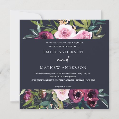 BRIGHT NAVY BLUSH BURGUNDY FLORAL BUNCH WEDDING INVITATION