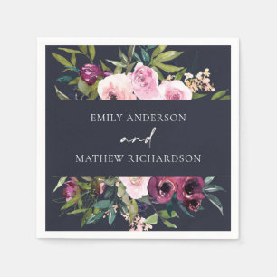 BRIGHT NAVY BLUSH BURGUNDY FLORAL BUNCH WEDDING NAPKINS