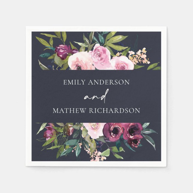 BRIGHT NAVY BLUSH BURGUNDY FLORAL BUNCH WEDDING NAPKINS (Front)