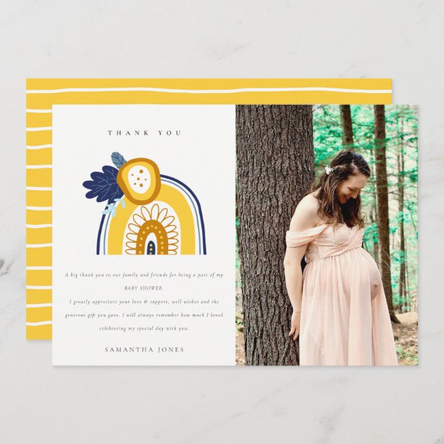 Bright Navy Yellow Flora Rainbow Photo Baby Shower Thank You Card (Front/Back)