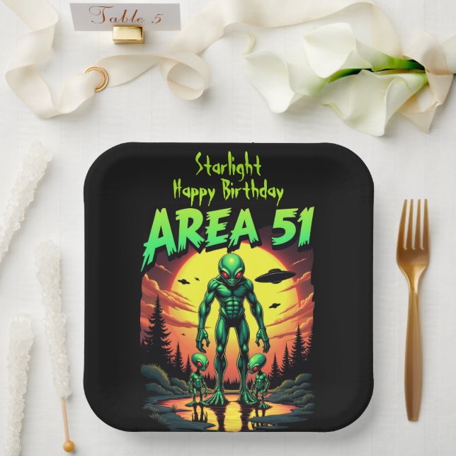 Bright Neon Aliens Watch Area 51 Paper Plates (Wedding)