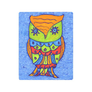 Bright Neon Colored Abstract Owl Blue Star eyes Metal Print