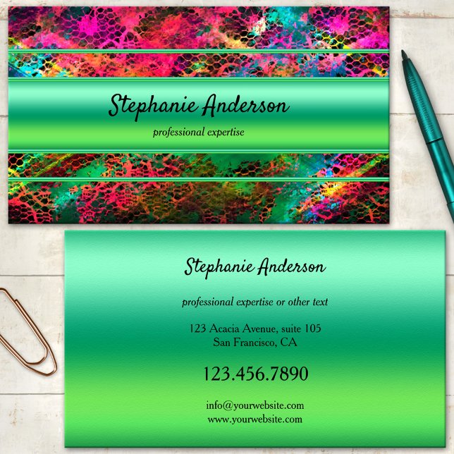 Bright Neon Colorful Green Business Card (A colorful business card featuring an eye catching neon abstract design with green stripes)