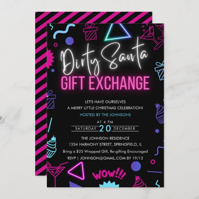 Bright Neon Dirty Santa Gift Exchange Party Invitation (Front/Back)