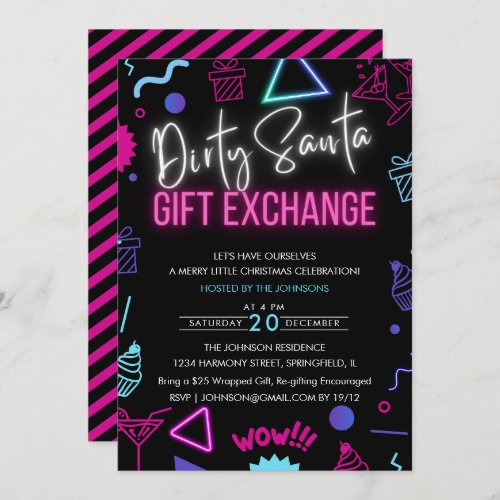 Bright Neon Dirty Santa Gift Exchange Party Invitation