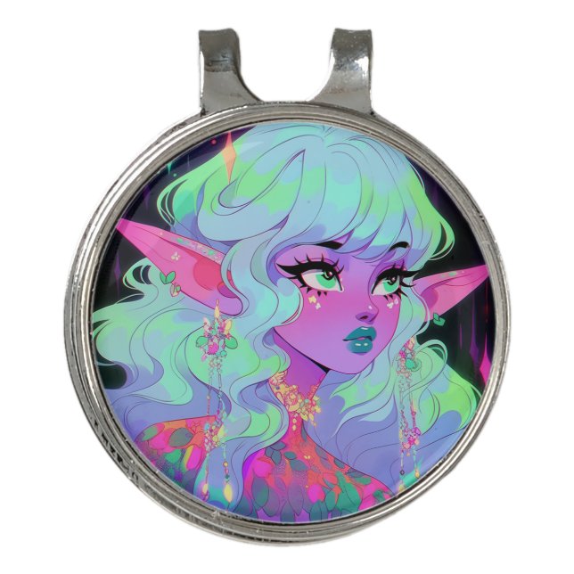 Bright Neon Fantasy Elf Anime Girl Golf Hat Clip (Front)