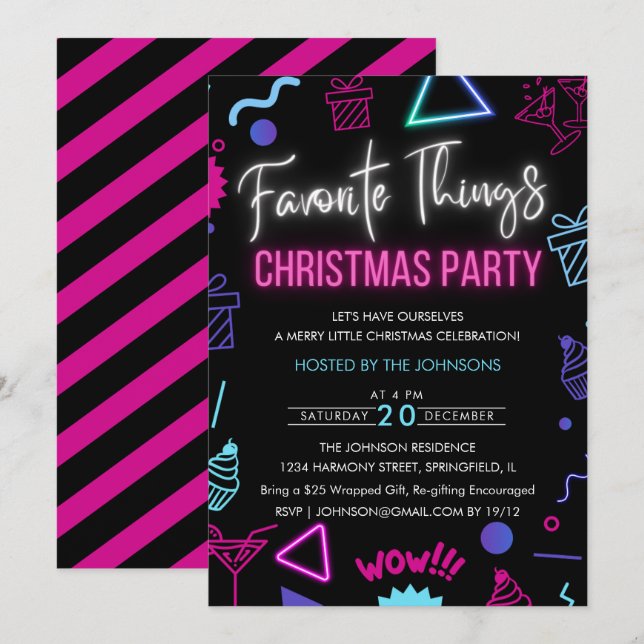 Bright Neon Favorite Things Christmas Party Invitation (Front/Back)