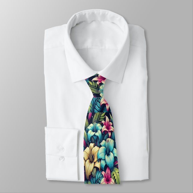 Bright Neon Floral Burst in Tropical Setting Neck Tie (Tied)