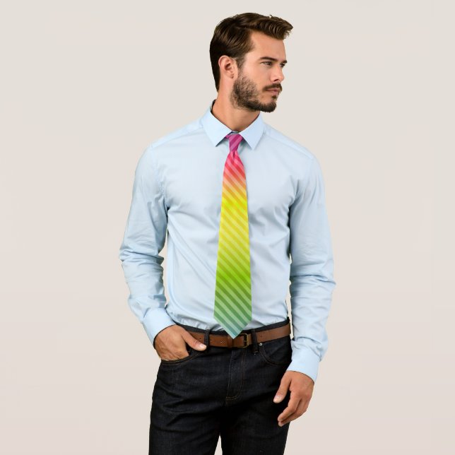 Bright neon fluorescent gradient rainbow ombre col neck tie (In Situ)