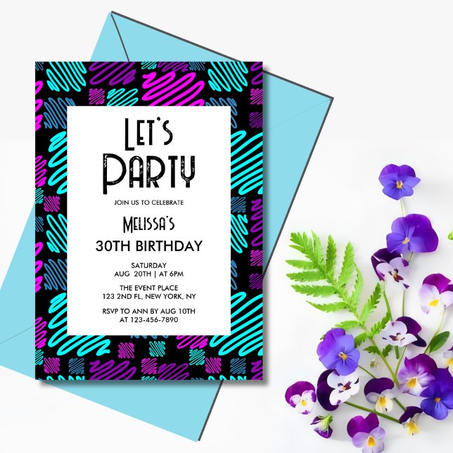 Bright Neon Geometric Pattern Black 30th Birthday Invitation (Creator Uploaded)