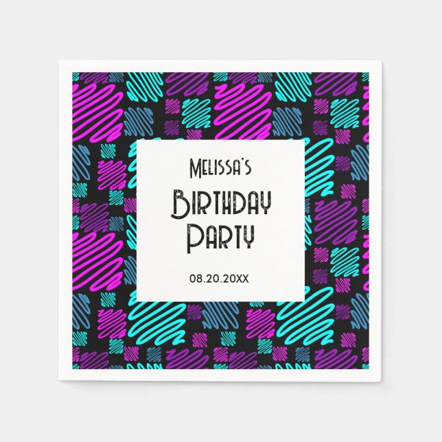Bright Neon Geometric Pattern Black Birthday Napkins (Front)