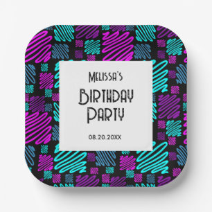 Bright Neon Geometric Pattern Black Birthday Paper Plates
